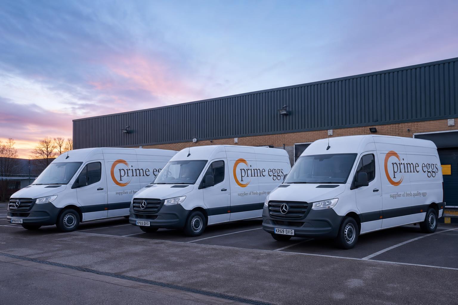 Prime Eggs branded delivery vans lined up at the depot at dawn
