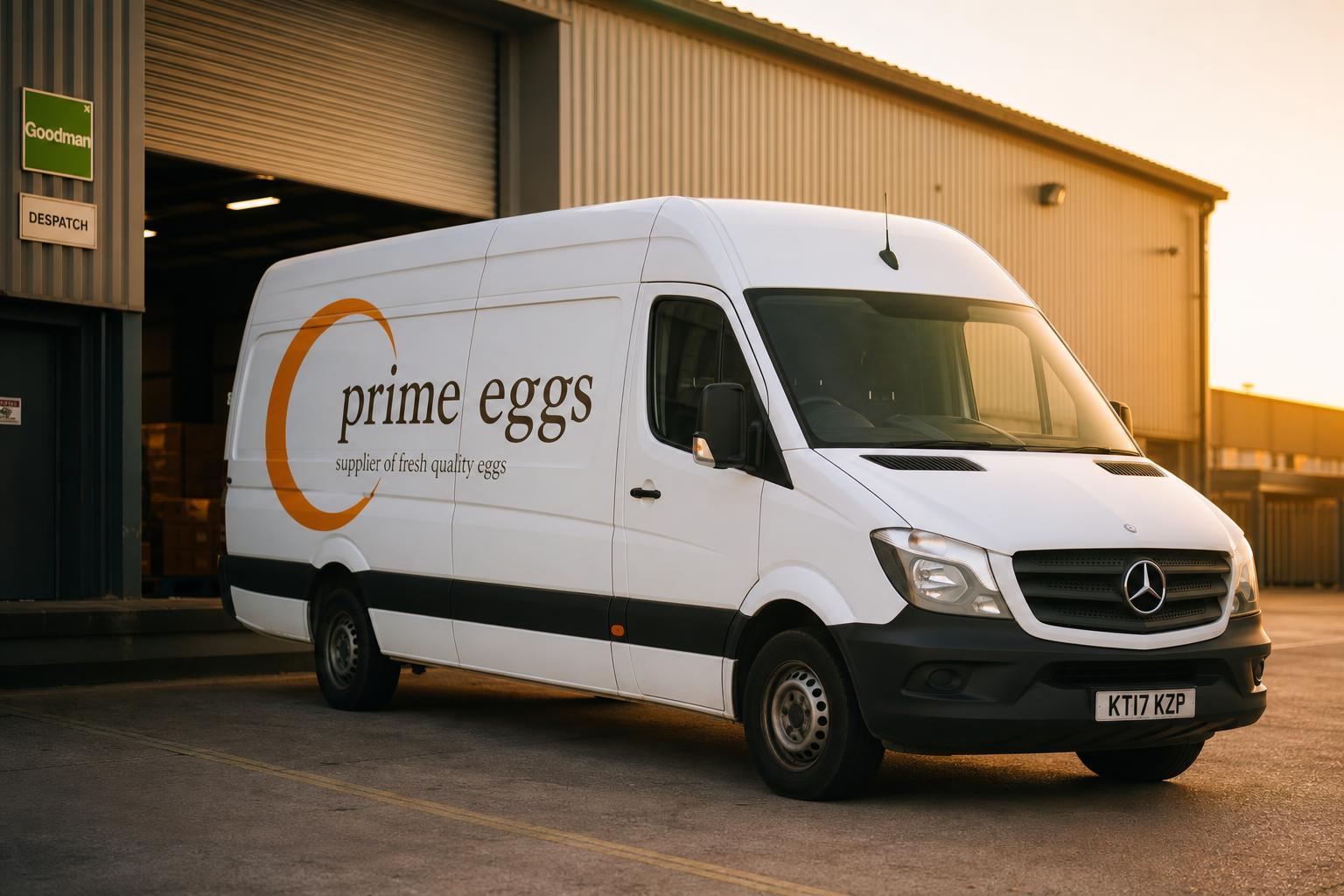 Prime Eggs branded delivery van at a UK warehouse loading bay